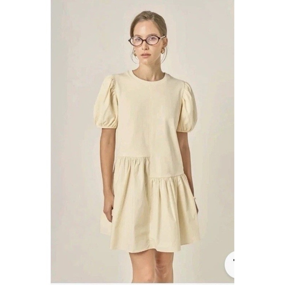 English Factory Dress NWT Knit Woven Mixed Media Beige Taupe Size‎ L